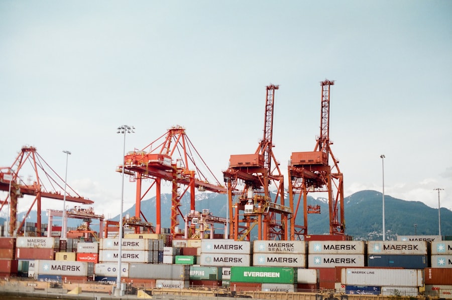 Port gantry cranes above stacked shipping containers